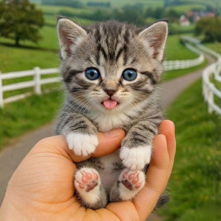 Close-up view of the Kouvr realistic robot kitten showing detailed plush fur, blue eyes, and soft paw pads.