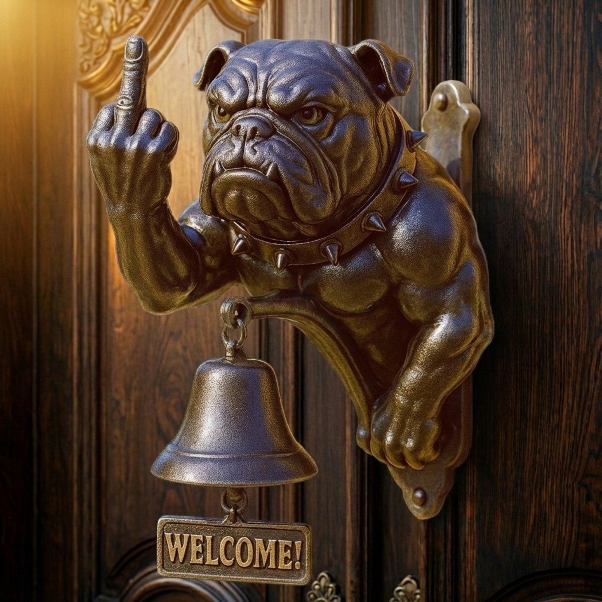 A detailed close-up of the Kouvr Rebellious Bulldog Door Knocker in a cast bronze finish, showing the dog giving the middle finger on a dark wood door.