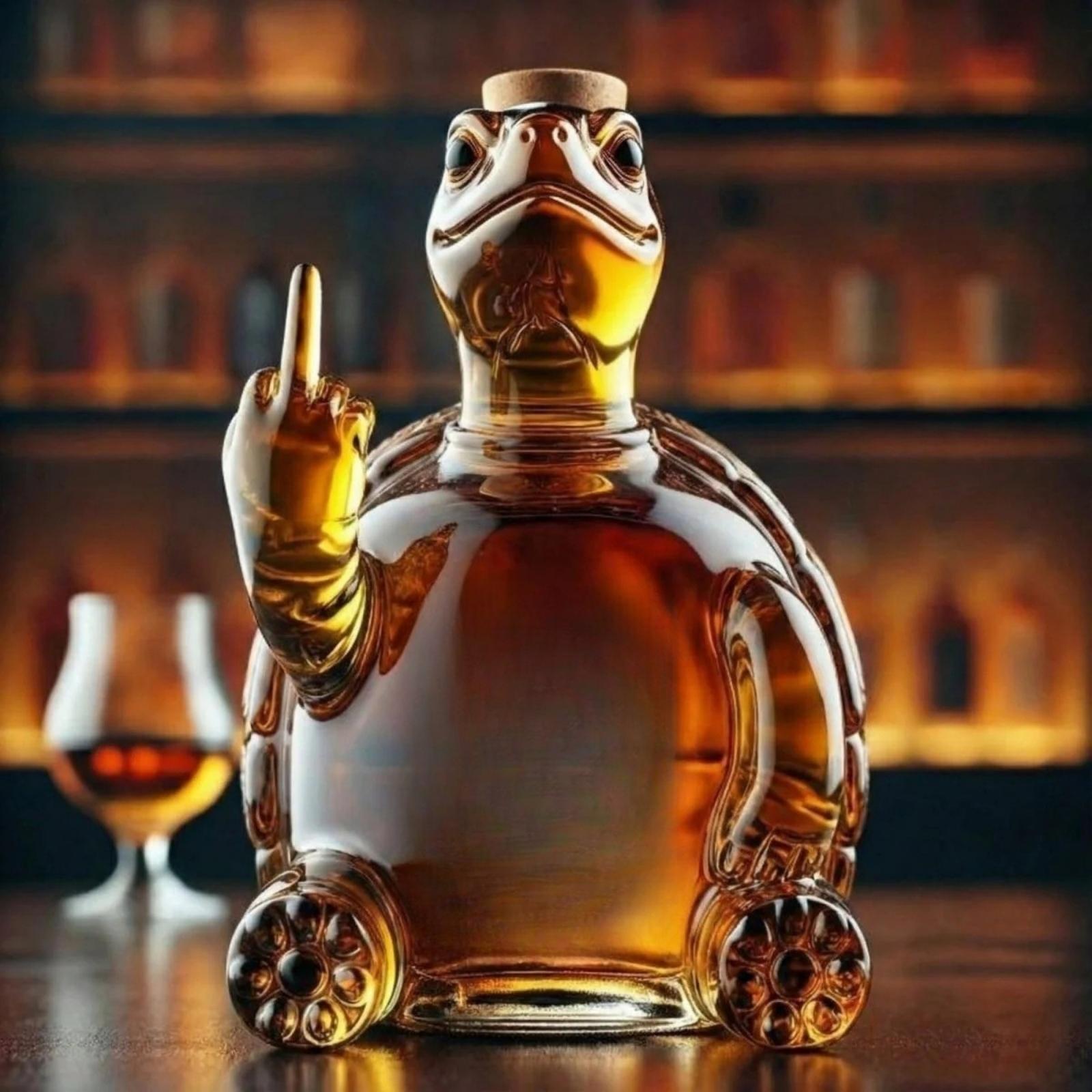 A front view of Kouvr's artisan glass turtle whiskey decanter filled with bourbon, sitting on a dark wood bar and making a defiant gesture.