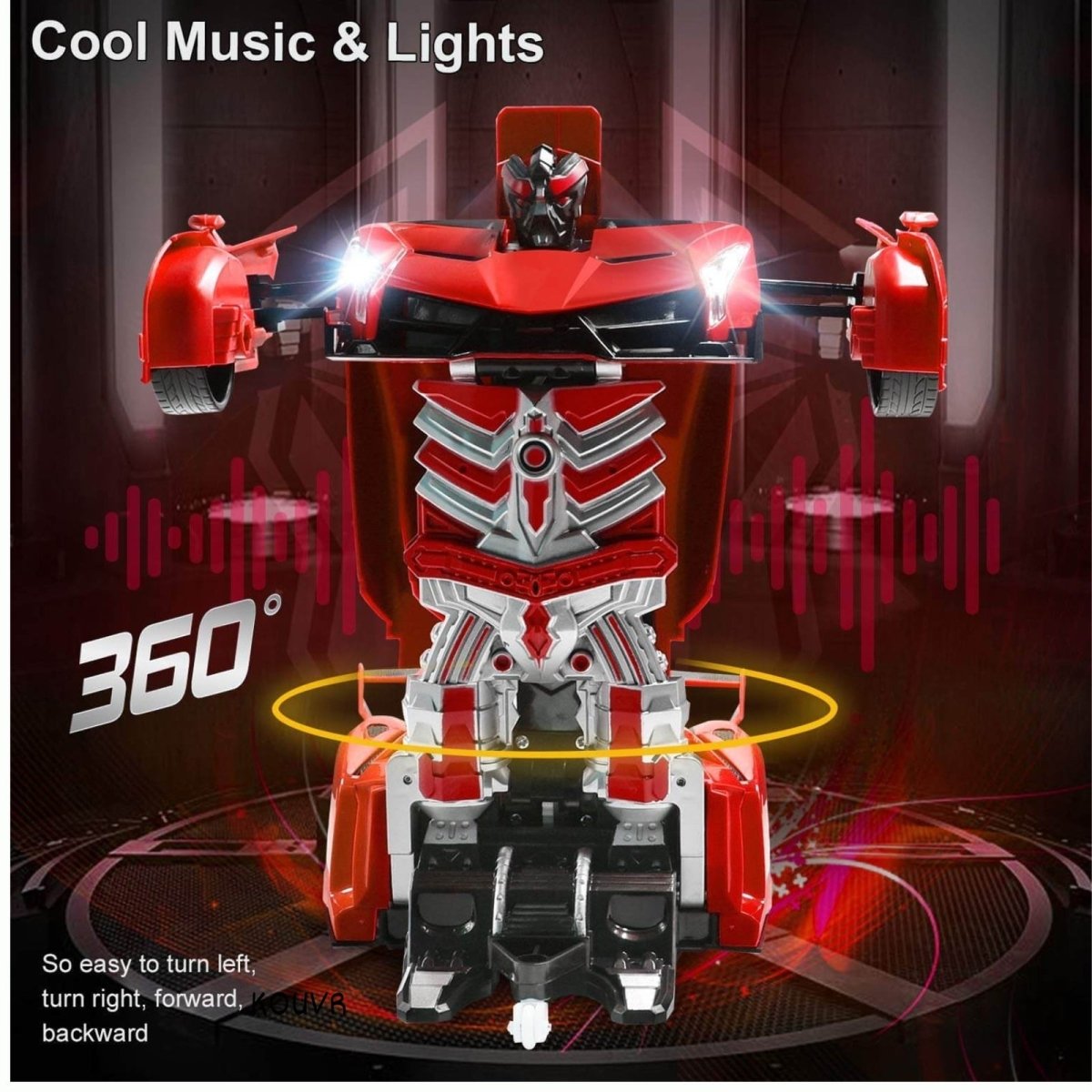 Toy robot with red and silver colors on a dark background with text 'Cool Music & Lights' and '360°'.