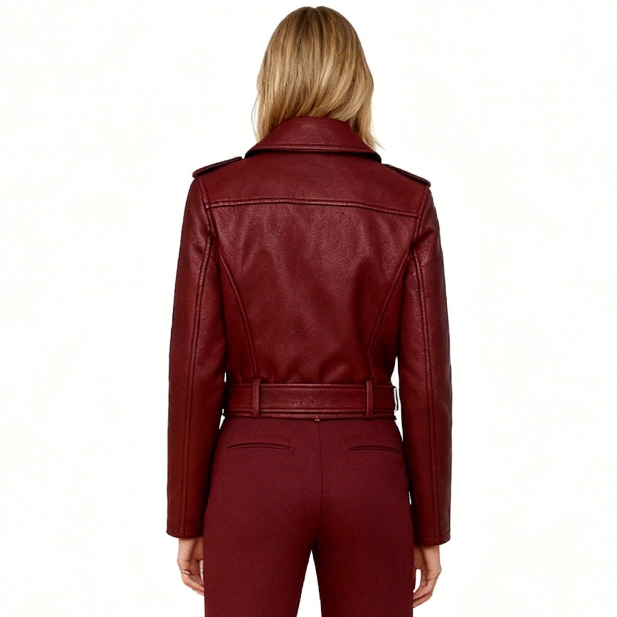kouvr-reshane-burgundy-faux-leather-moto-jacket-back-view-on-model.jpg
Image 3 ALT Text: Back view of a model in the Kouvr Reshane burgundy moto jacket, showcasing the yoke and panel stitching details.