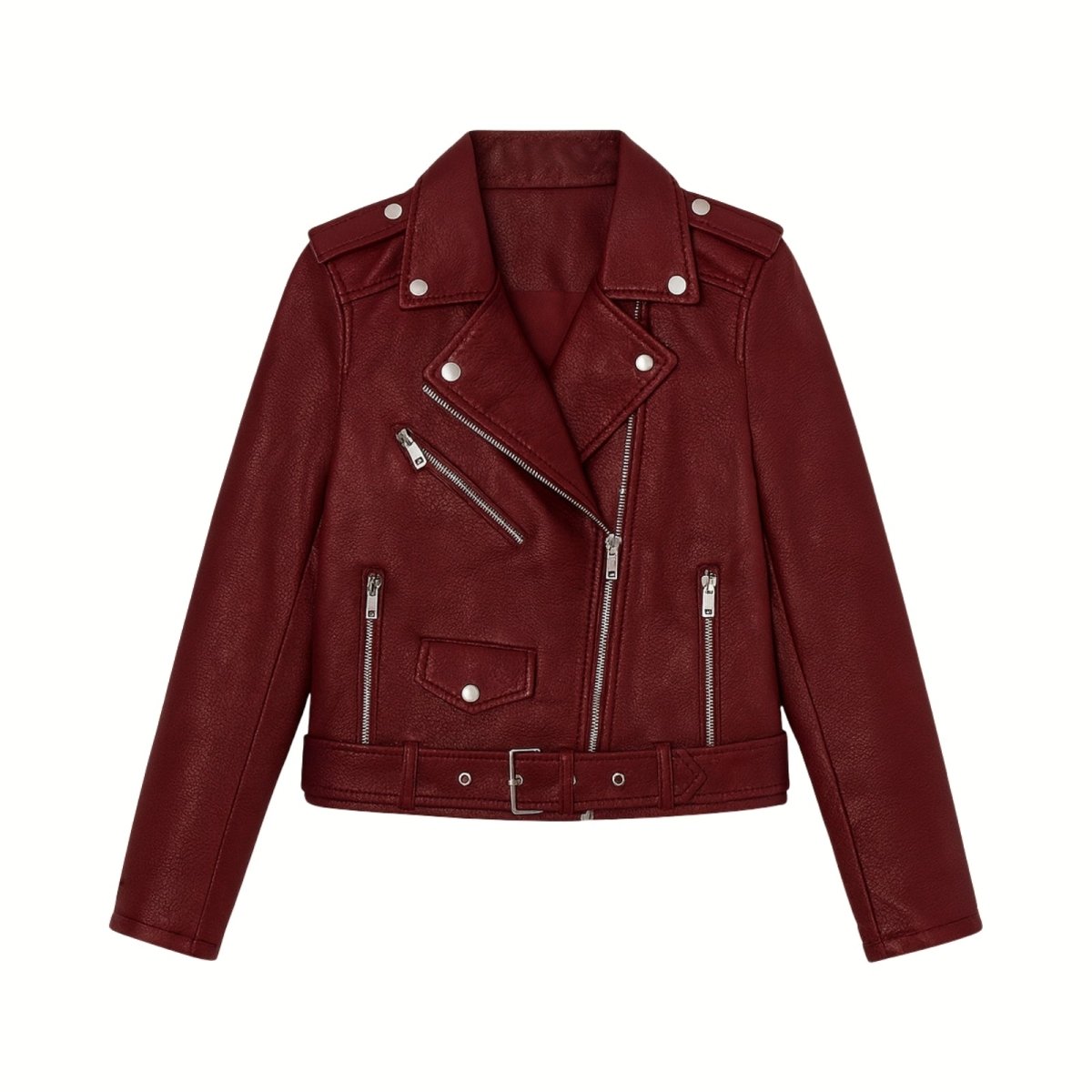 Flat lay of the front of the Kouvr Reshane burgundy faux leather jacket, displaying the silver zippers, snaps, and belted hem on a white background.