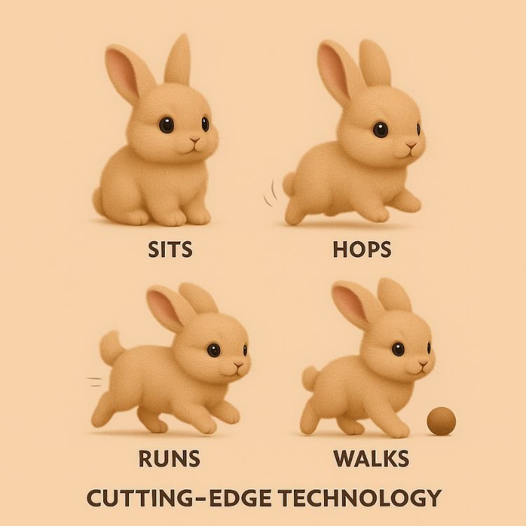Infographic demonstrating the cutting-edge technology of the Kouvr robot bunny, showing its ability to sit, hop, run, and walk.