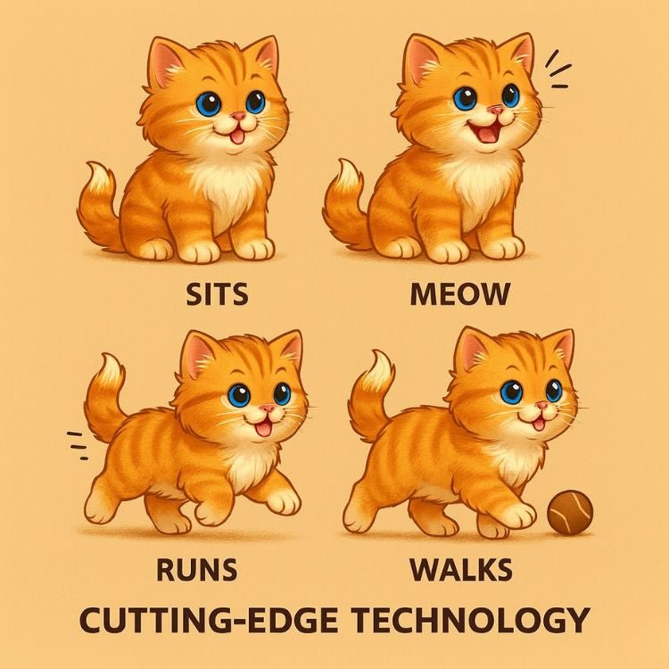 An illustration showcasing the four main functions of the Kouvr robot kitten: sits, meow, runs, and walks, with the text "Cutting-Edge Technology