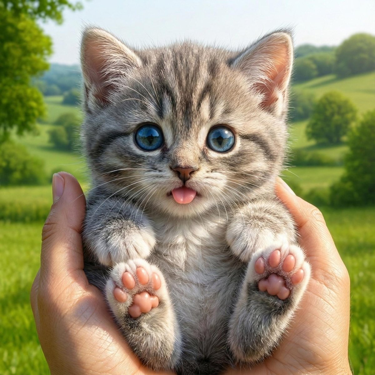A person holding a small, lifelike gray tabby robot kitten with blue eyes and soft plush fur.