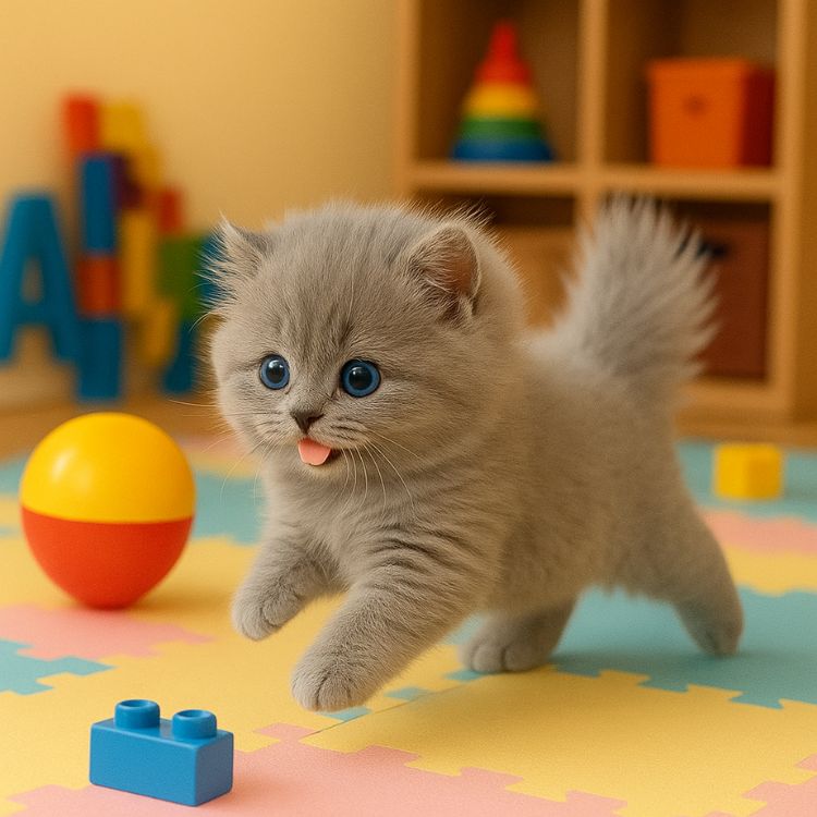 Lifelike grey Kouvr robot cat toy running on a colorful playmat in a child's playroom.