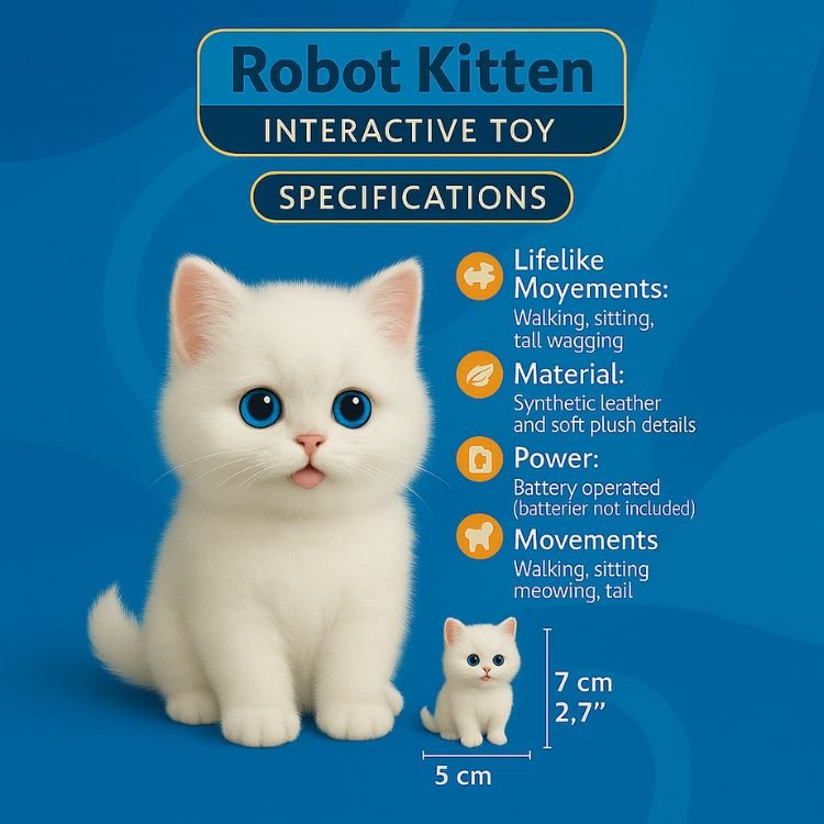 Product specifications for the Kouvr Robot Kitten Interactive Toy, showing its dimensions and features like walking, sitting, and meowing.