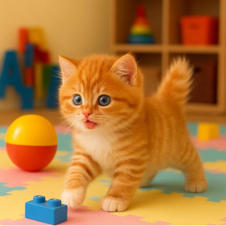 A small orange robot kitten toy with blue eyes walking on a colorful play mat surrounded by children's blocks and toys.