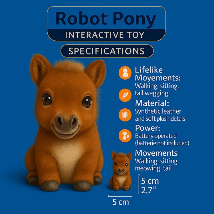 Product specifications sheet for the Robot Pony Interactive Toy, listing its lifelike movements, materials, power source, and 5cm size.