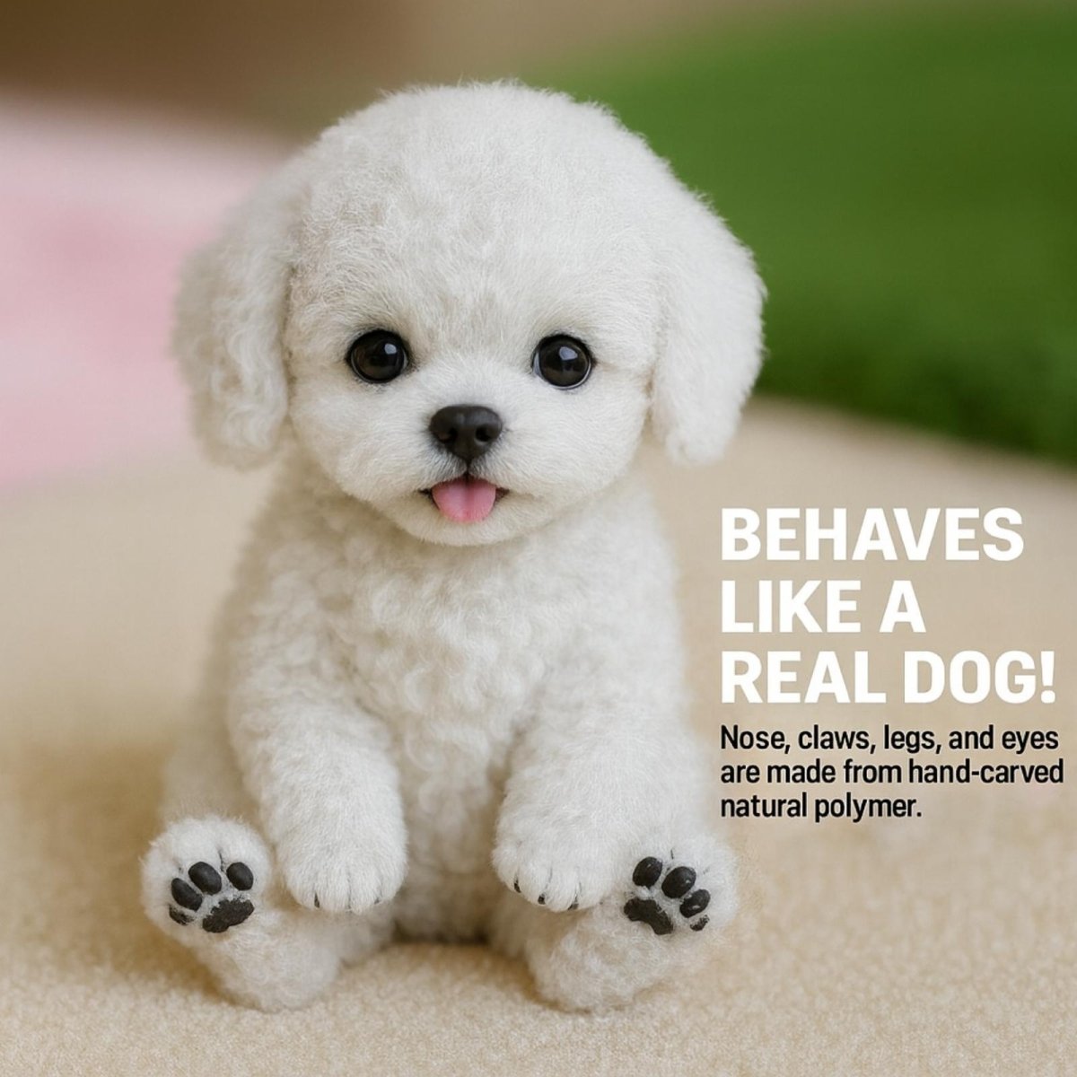 A close-up of the Kouvr robot puppy sitting, with text highlighting that it behaves like a real dog with hand-carved details.