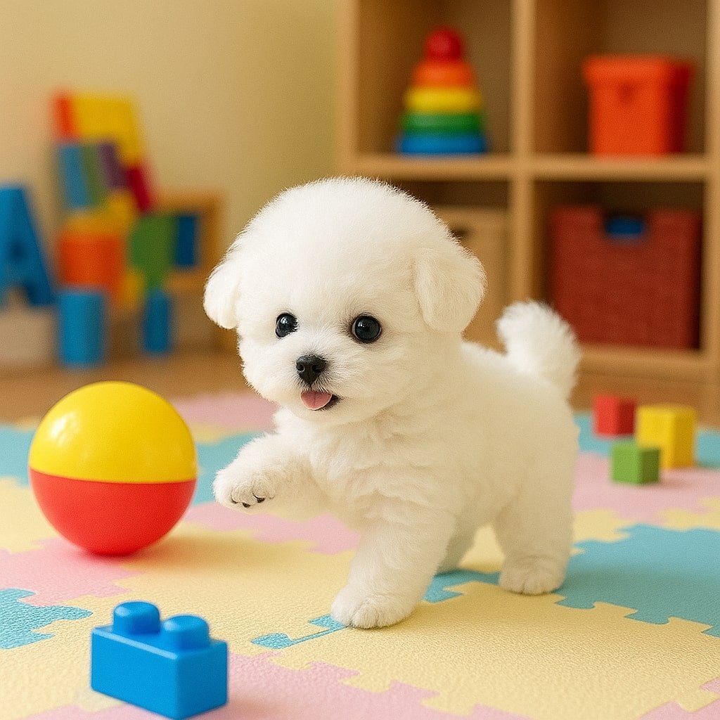 The white Kouvr robot puppy toy walking on a colorful playmat in a child's playroom, with its paw raised to play.