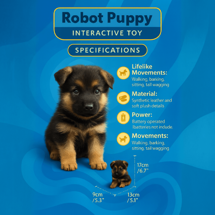 A technical specification infographic for the Kouvr Fashion Robot Puppy Interactive Toy, detailing its small 17cm height, lifelike movements (walking, barking), synthetic leather and plush materials, and battery operation.
