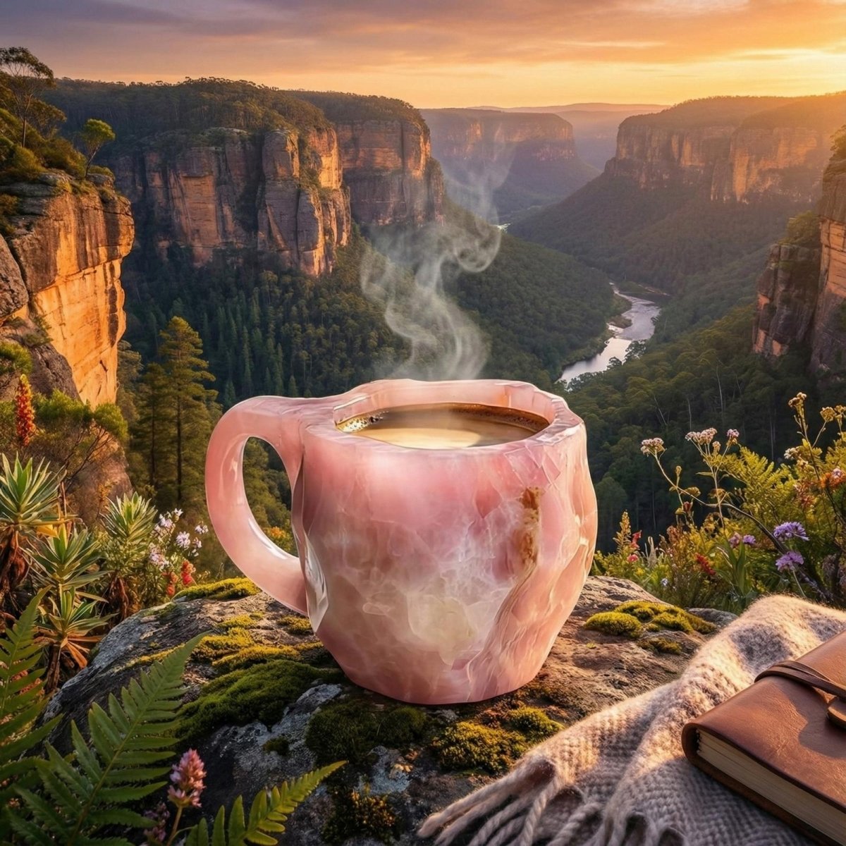 A steaming rose quartz coffee mug resting on a mossy rock overlooking a scenic mountain canyon at sunrise, creating a feeling of peace and adventure.
