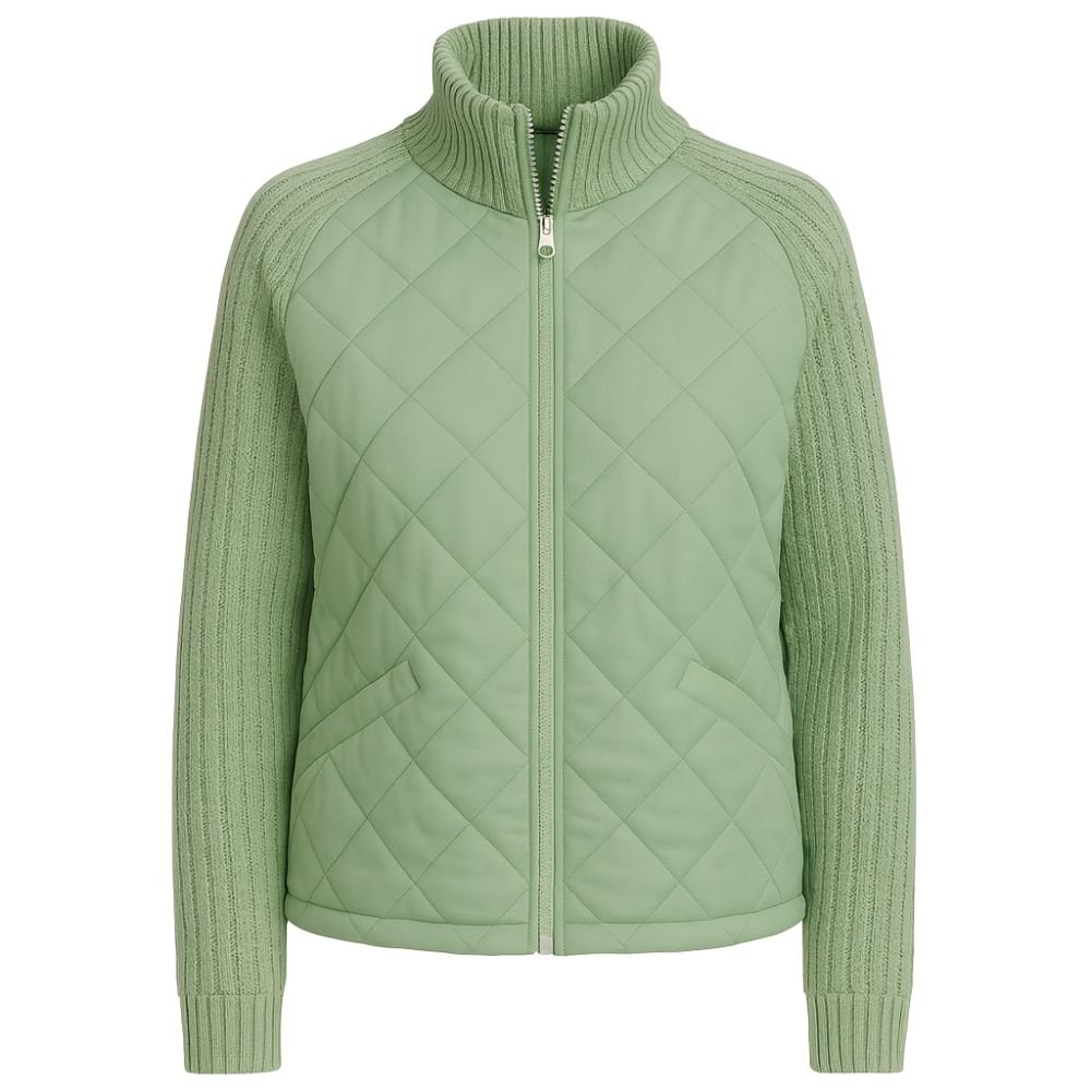 Model wearing the Kouvr Arlington Quilted Hybrid Jacket with blue jeans