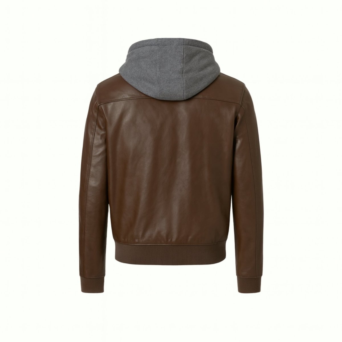 Back view flatlay product shot of the Kouvr Samson Brown hooded faux leather jacket, showing the back panel details.