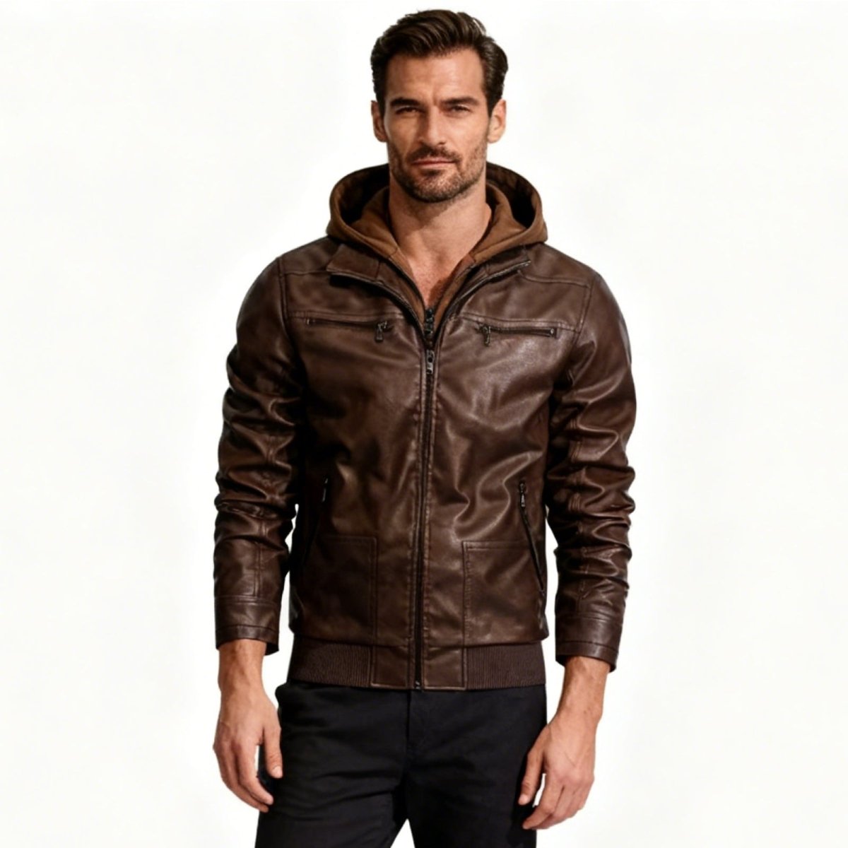 Man wearing the Kouvr Samson Dark Brown hooded faux leather jacket, front view against a white background.