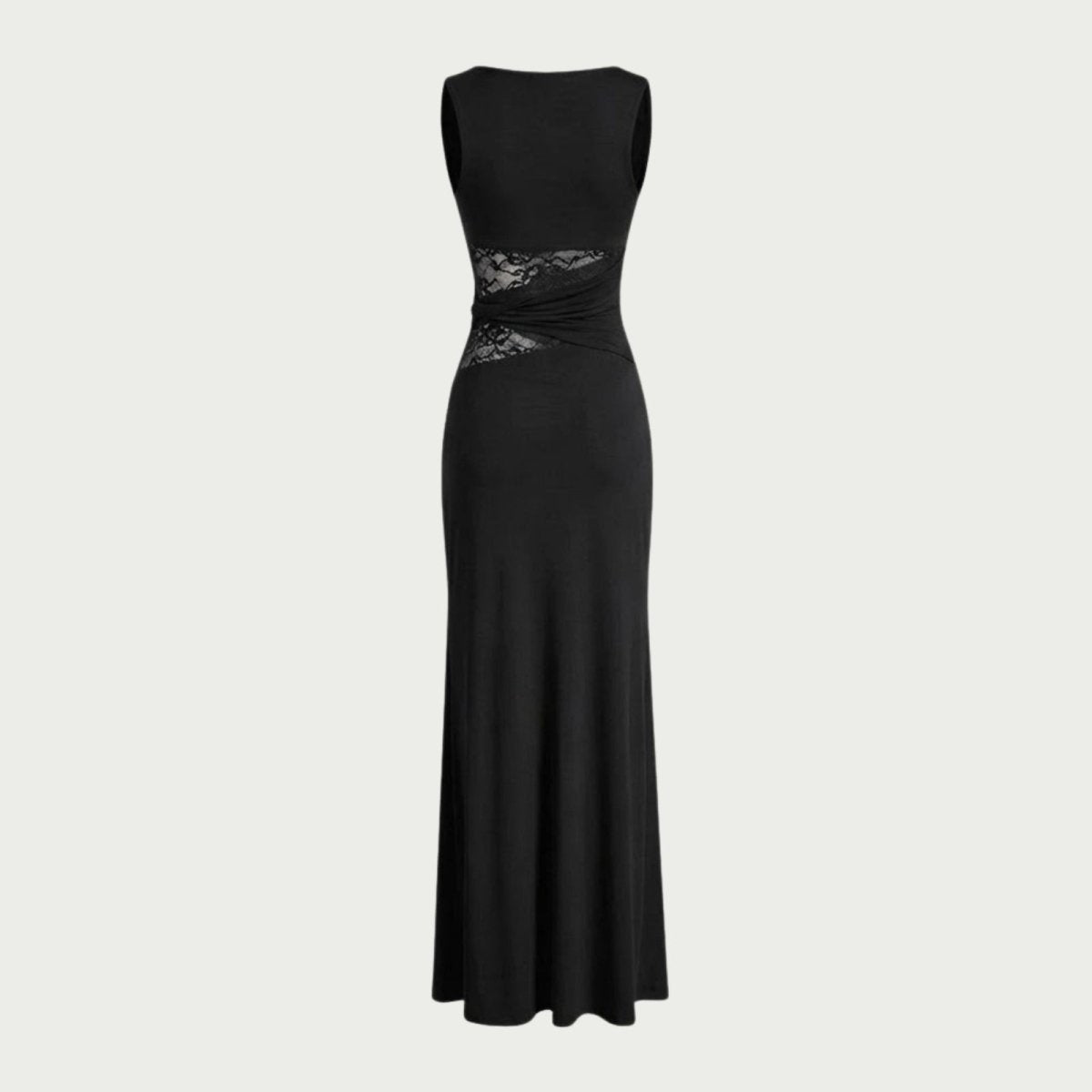 Flat lay of the back of the Kouvr black sleeveless dress, showing the full length and vertical seam detail for a tailored fit.