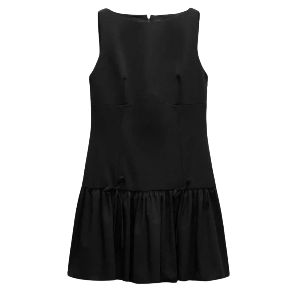 Black Kouvr sleeveless dress with a flared skirt on a white background