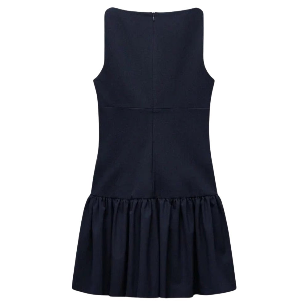 navy Kouvr dress with a ruffled skirt on a white background