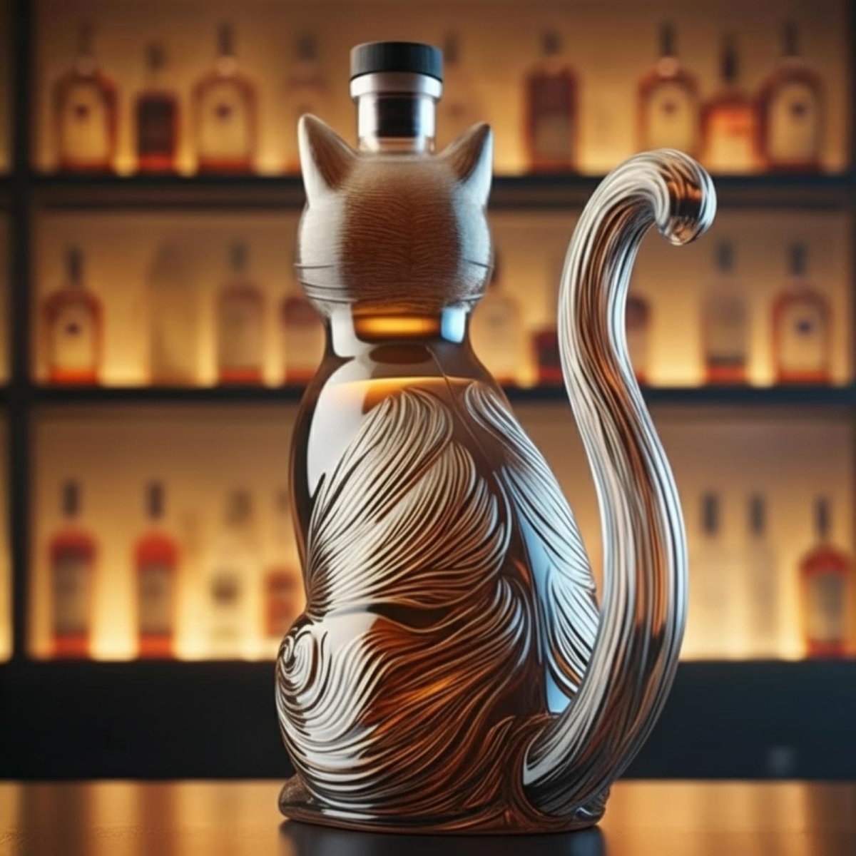 Back view of the Kouvr sculptural glass cat decanter, highlighting the intricate, swirling etchings on its back and the graceful curve of its tail.