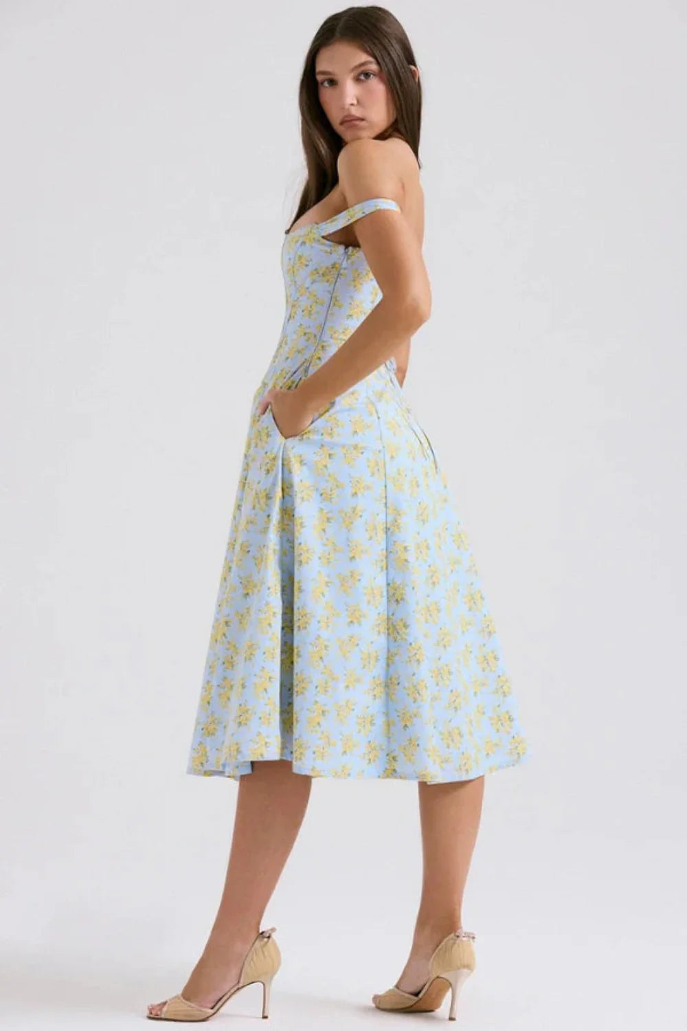 Bustier Dress, A-Line Floral Dress, Cottagecore Dress, Romantic Garden Party Attire, Structured Bodice Dress, Dress with Front Slit, Lace-up back dress.