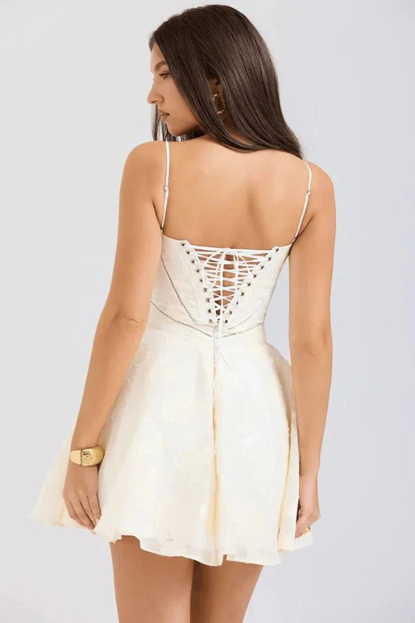 Weave in terms like 'sculpted bodice,' 'fit and flare silhouette,' 'occasion wear,' and 'statement piece' throughout the description and on-page content
