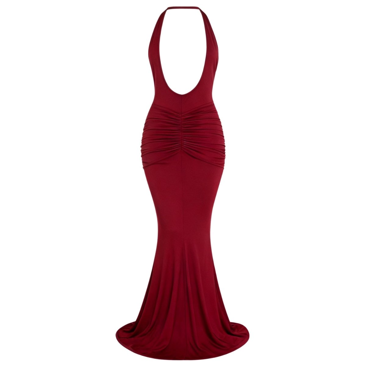 Burgundy Kouvr evening gown with a halter neckline on a white background