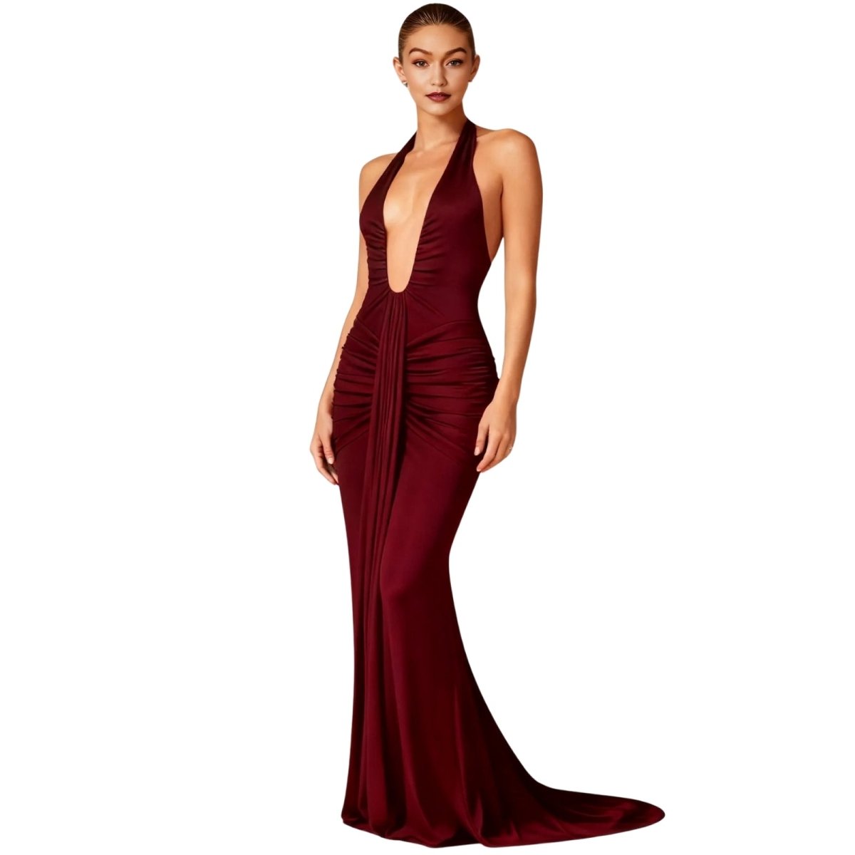 Woman wearing a burgundy Kouvr evening gown on a white background