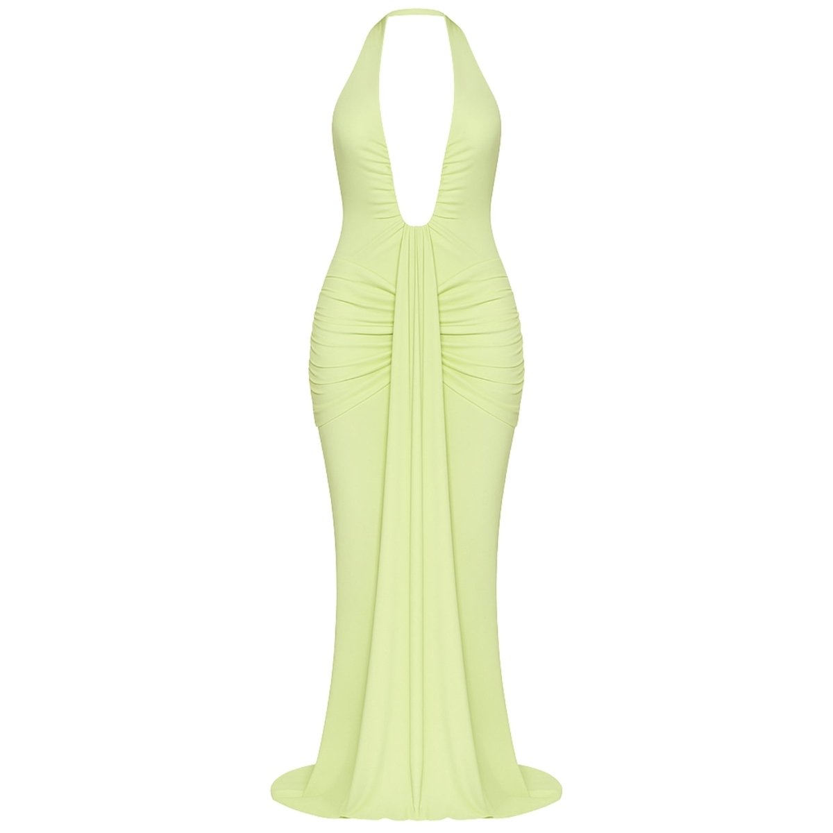 Light green Kouvr halter neck gown on a white background