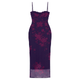 Model wearing Kouvr shaira purple floral corset maxi dress with lace trim for a formal event