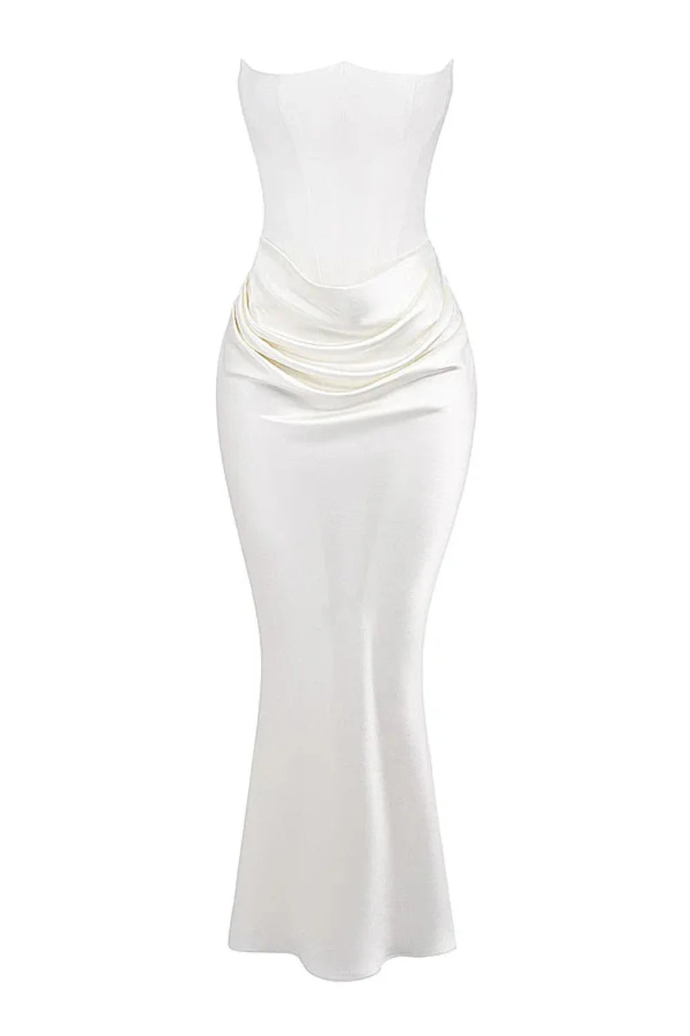 sculptural silhouette, boned bodice, asymmetrical draping, column skirt, heavyweight satin, minimalist evening wear