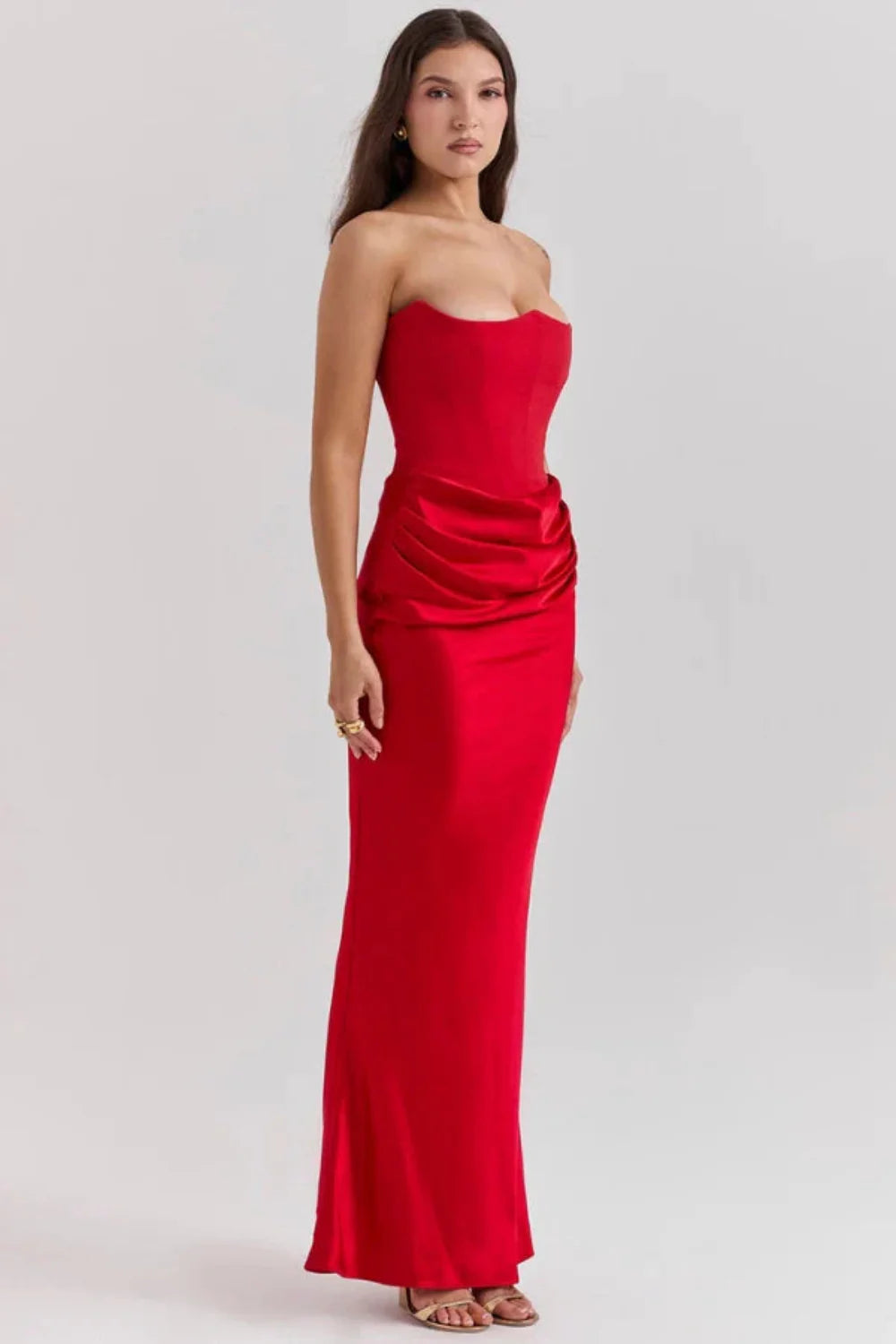 structured bodice," "draped silhouette," "bustier," "formal wear," and "black-tie attire