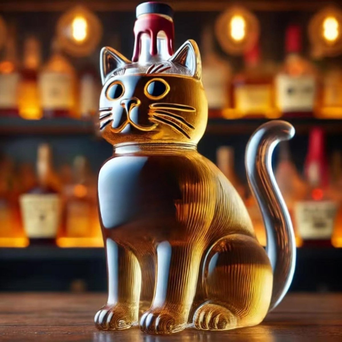 Side profile of the elegant Kouvr cat whiskey decanter showing the curved glass tail and artisan craftsmanship.
