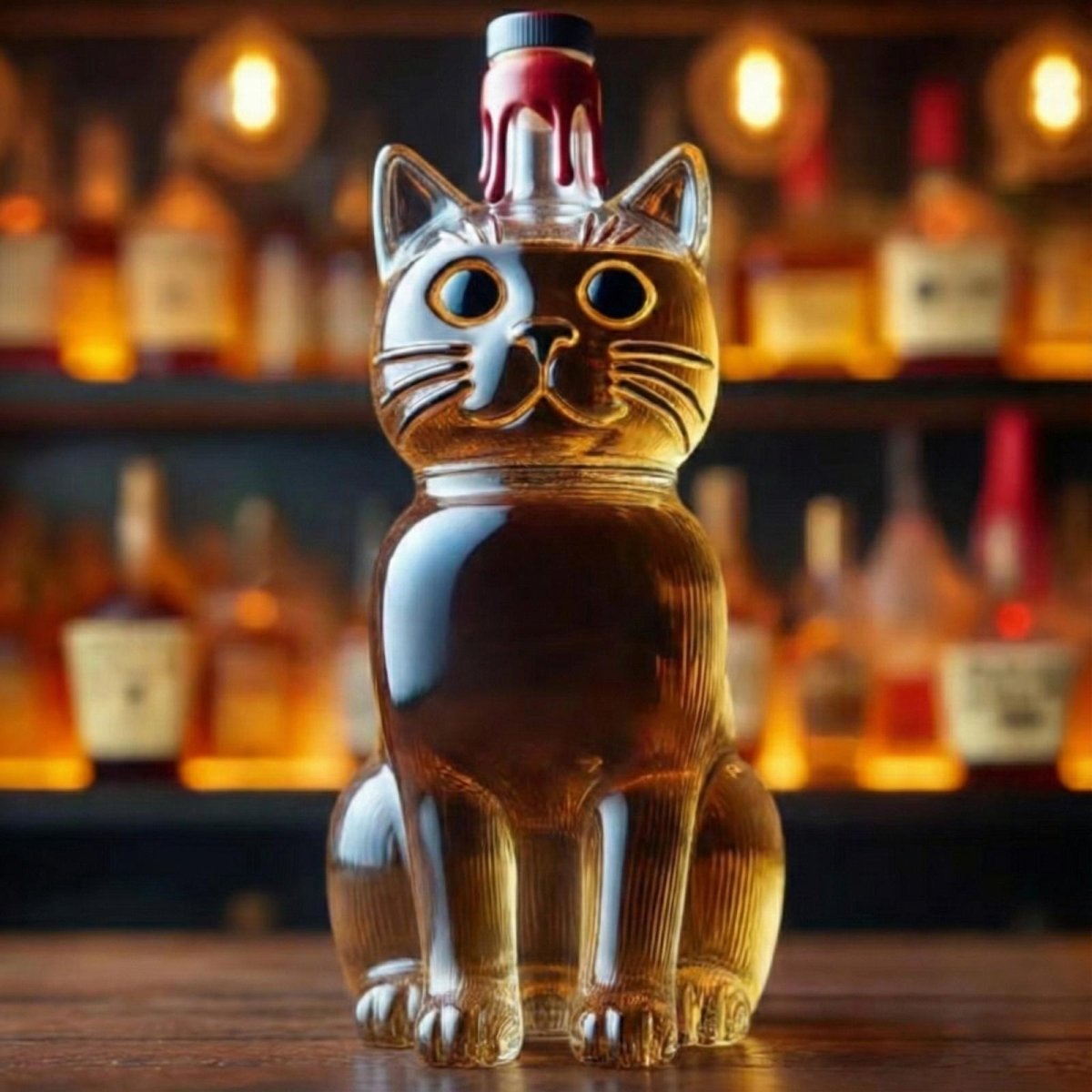 Handcrafted glass cat whiskey decanter with an airtight stopper, displayed on a wooden bar top.