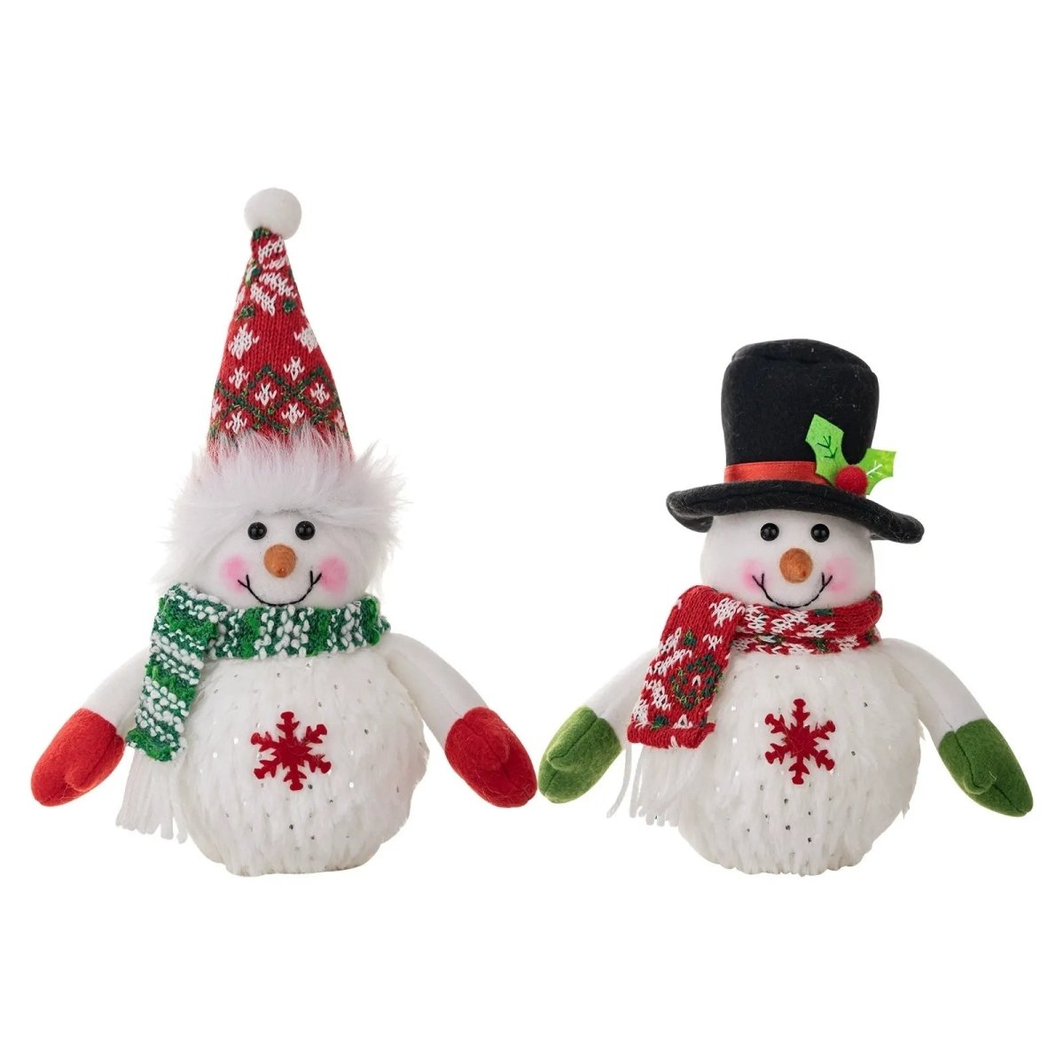 The complete set of two Kouvr snowman figurines, one with a top hat and one with a knit hat, shown side-by-side on a clean, isolated white background.