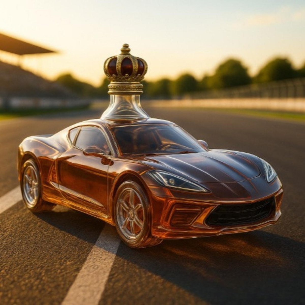 A side-angle view of the Kouvr handcrafted sports car whiskey decanter, made of amber glass with a crown stopper, sitting on a racetrack at sunset.