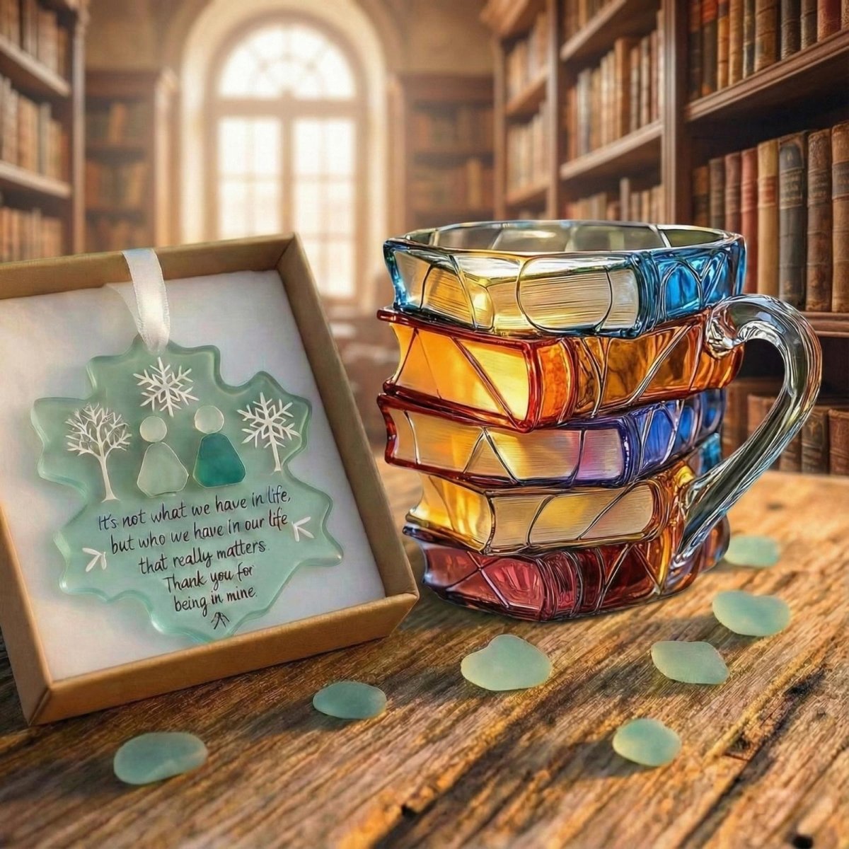 The Kouvr stacked books glass mug sitting on a wooden desk in front of a blurred library background.