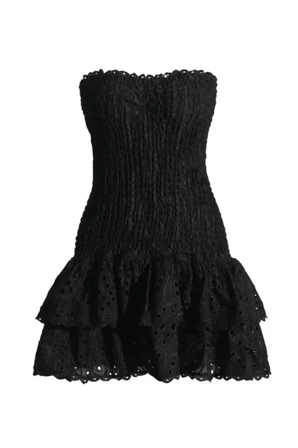 Model wearing Kouvr Starla black strapless smocked mini dress with tiered eyelet skirt