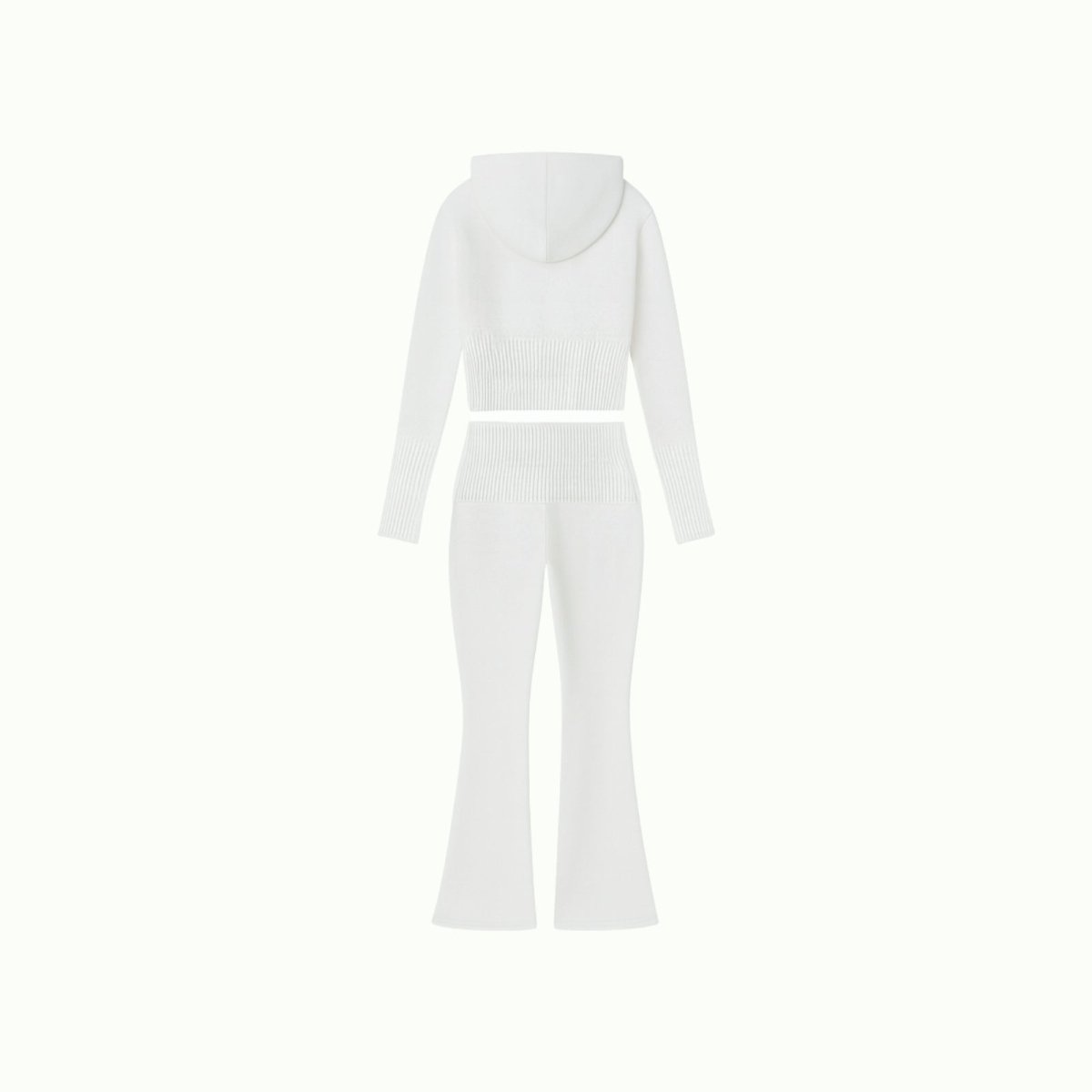 Flatlay of the back of the white knit hoodie and pants set, showing the clean design and ribbed knit texture.