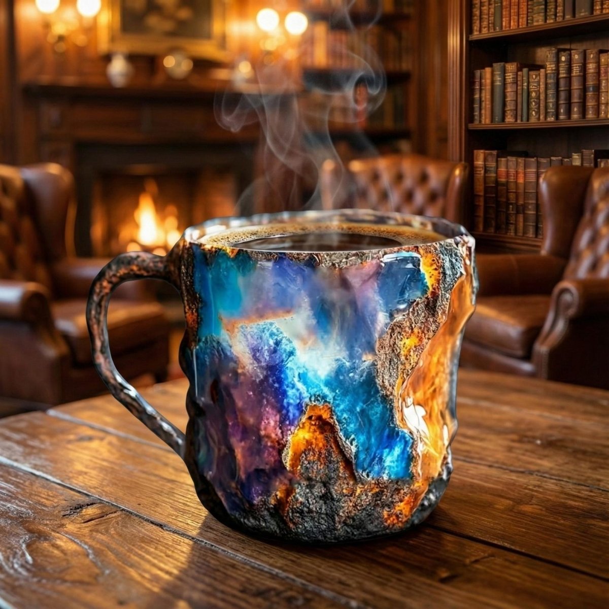 The Kouvr artisan stoneware coffee mug on a wooden table in front of a warm, cozy fireplace in a luxury living room, perfect for a relaxing evening.