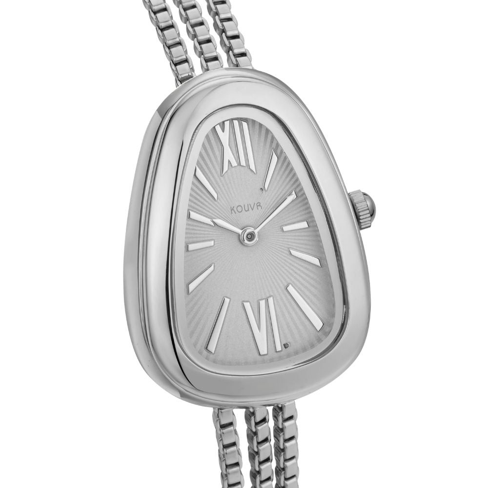 Silver kouvr watch with a unique face design on a white background