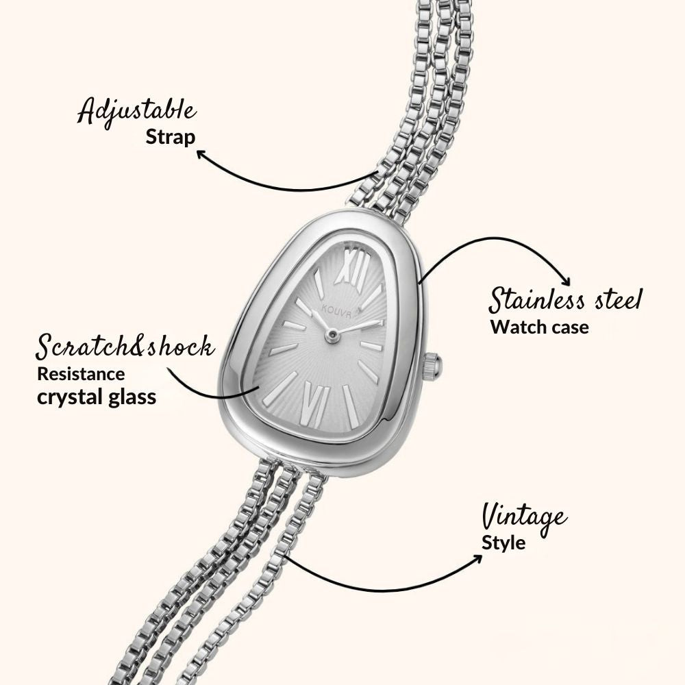 Silver kouvr watch with adjustable strap, scratch/shock resistance crystal glass, stainless steel case, and vintage style on a white background.