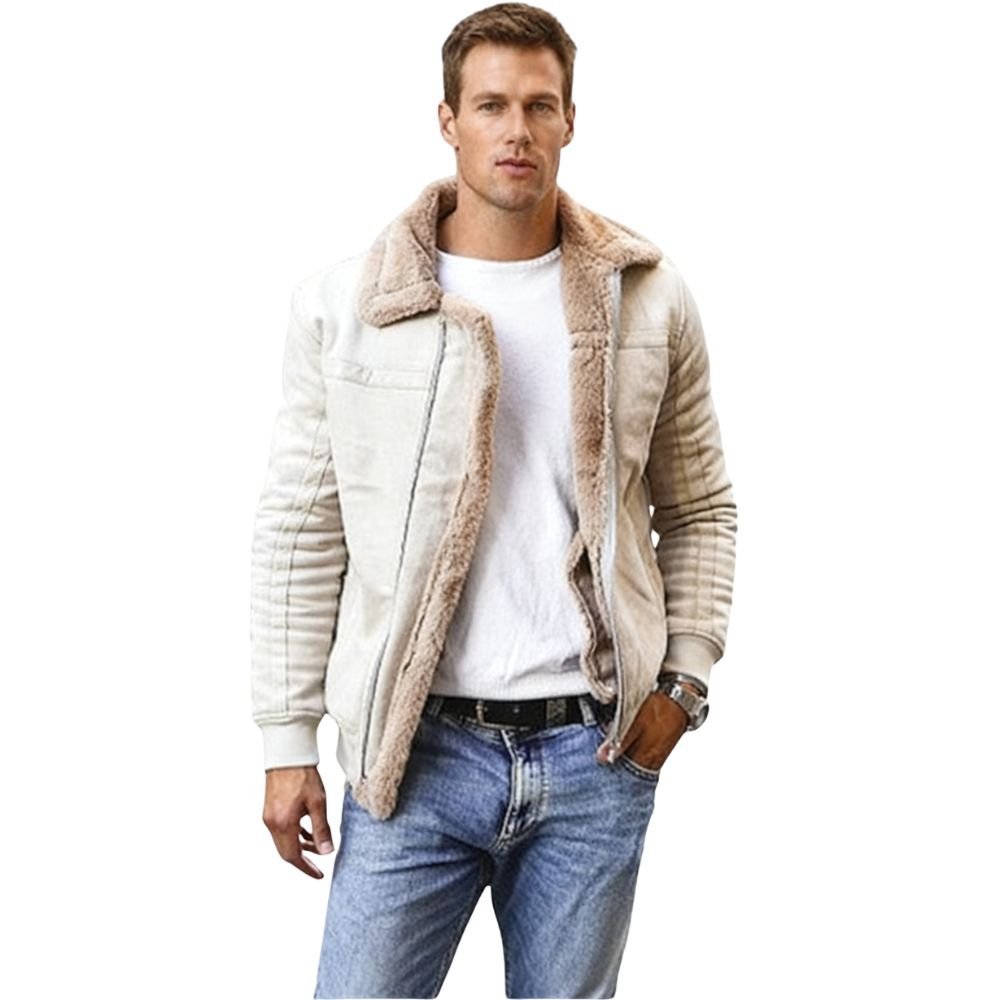 Man wearing a beige kouvr sherpa jacket with a white shirt and blue jeans on a white background