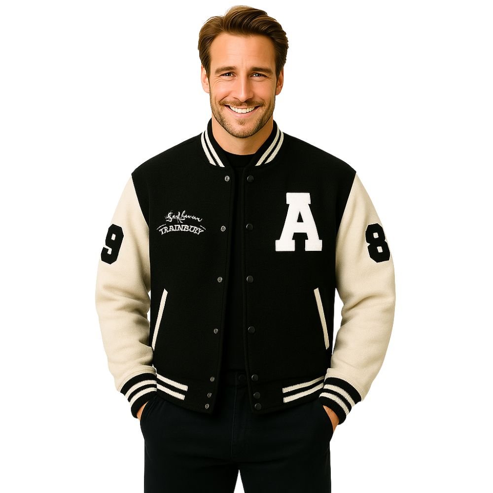 Model wearing the Kouvr Fashion Trainbury men's black and off-white wool letterman jacket