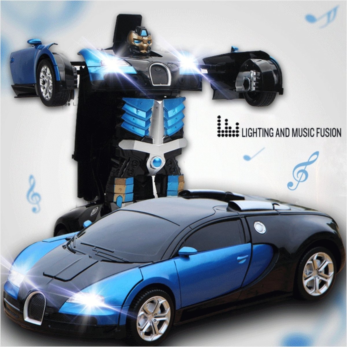 Toy car transforming into a robot with lights and music fusion text