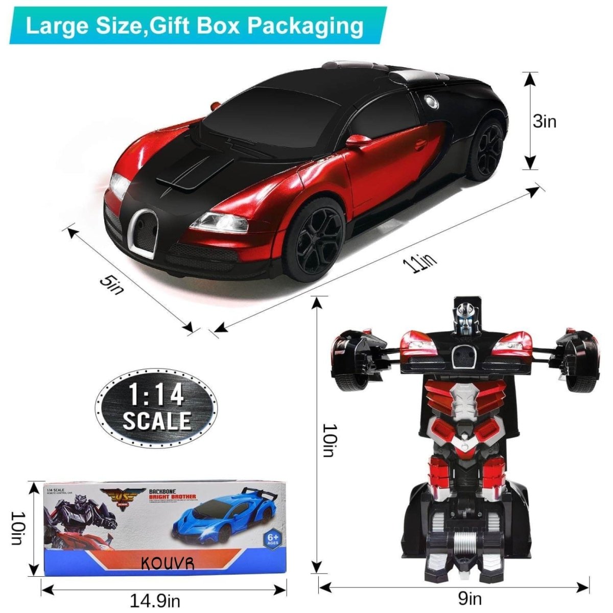 Transforming toy car with dimensions and packaging details on a white background