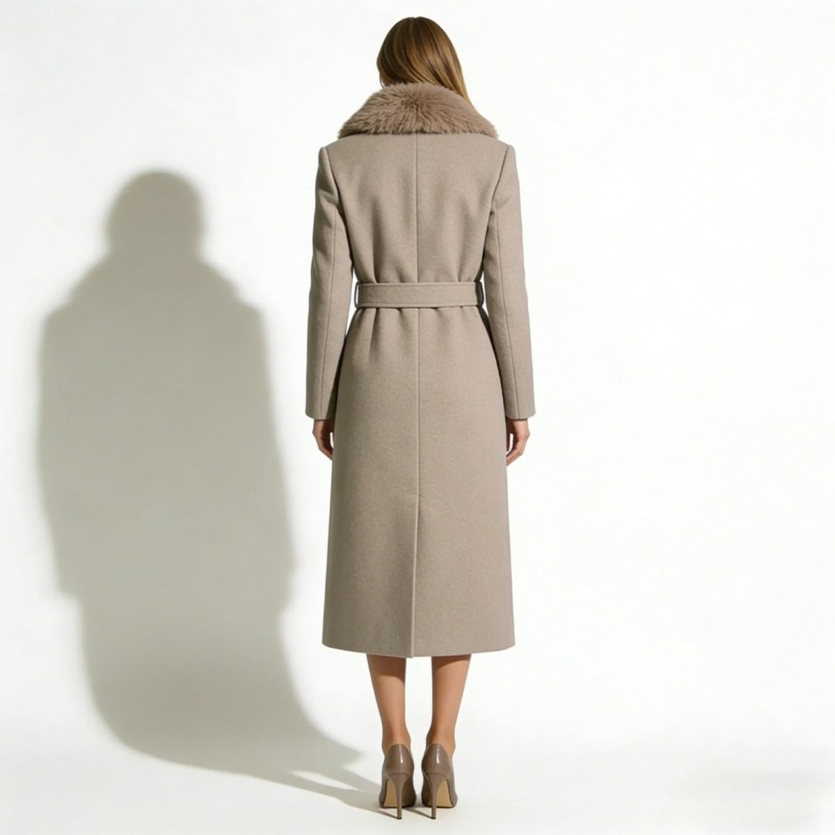 Back view of the Kouvr Fashion Trishakhaki wool coat, detailing the center vent, belt, and shearling collar.