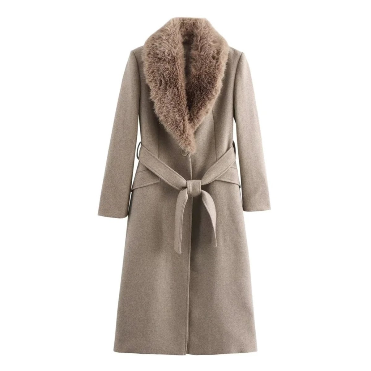 The Kouvr Fashion Trisha long wool wrap coat with shearling collar in oatmeal khaki, laid flat to show its full design and quality.