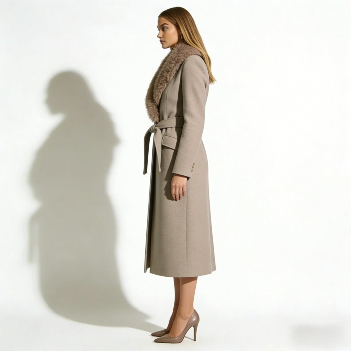 Side profile of a woman in the Kouvr Fashion Trisha belted long wool coat, showcasing its elegant silhouette and length.