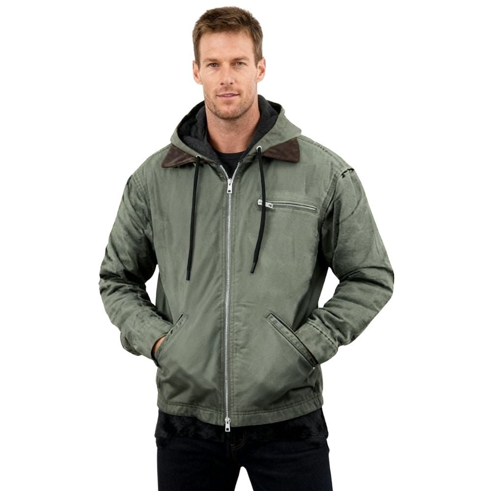 heavyweight cotton canvas', 'warm outdoor coat', 'rugged outerwear', 'men's workwear jacket', 'casual fall jacket', and 'layered look hoodie